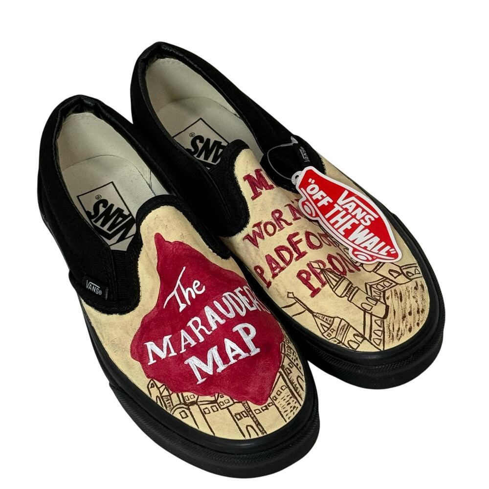 NWOT Vans Women's Black & Cream Slip-On Flats with Marauder's Map Design